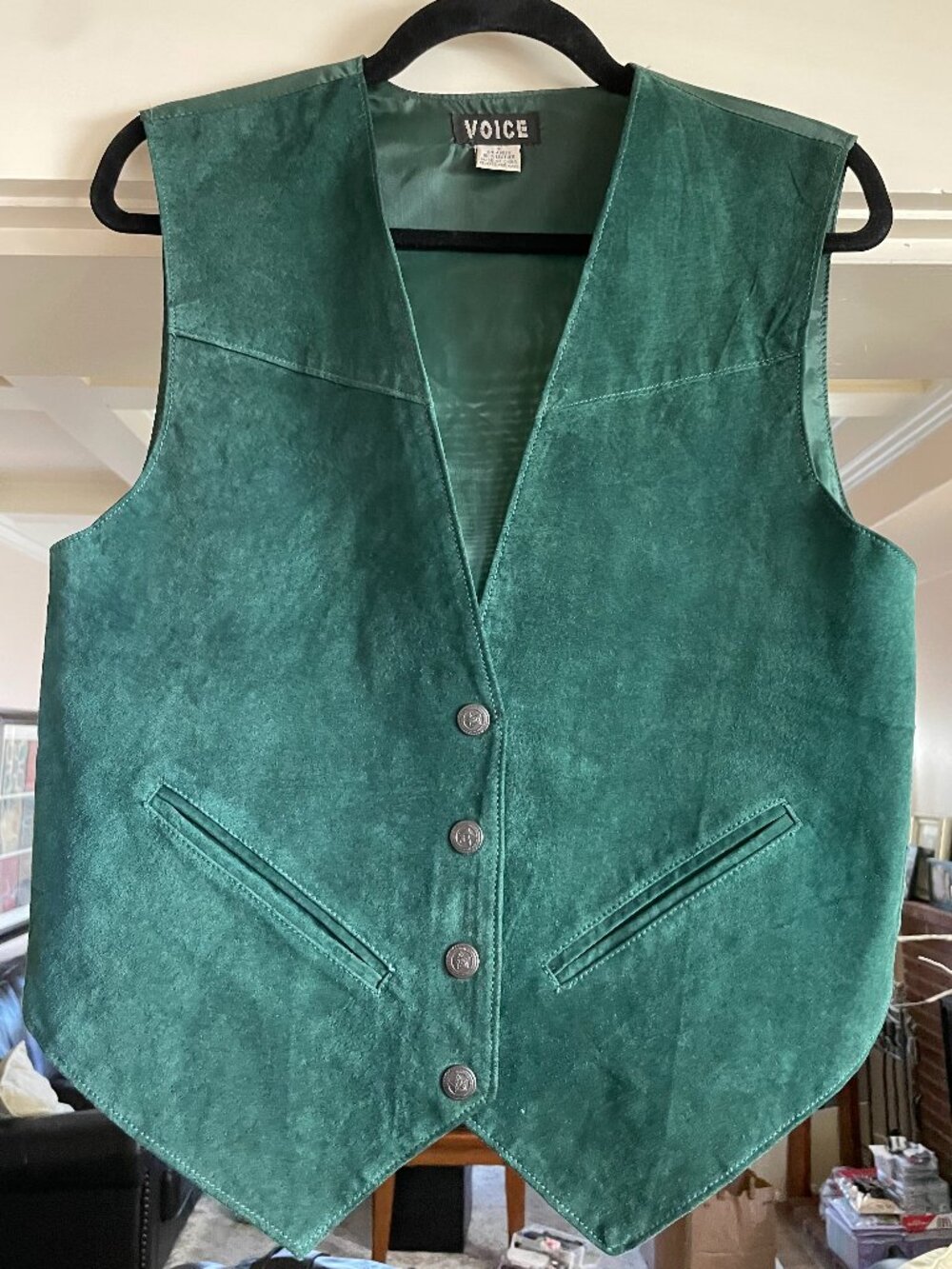 Voice Green Suede Leather Snap Vest - S
